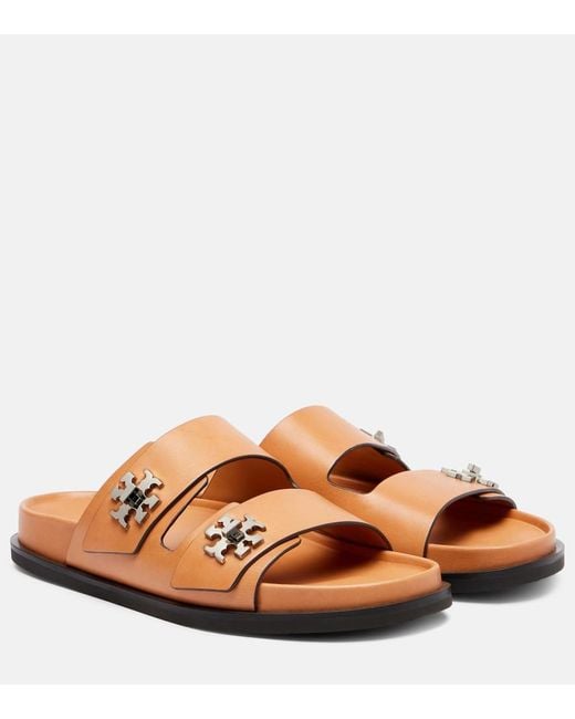Tory Burch Brown Turnlock Leather Slides