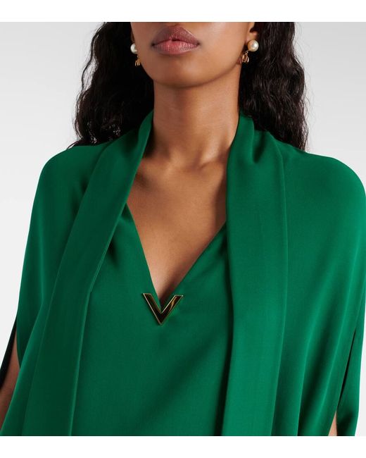 Blusa de seda con capa y cuello anudado Valentino de color Green