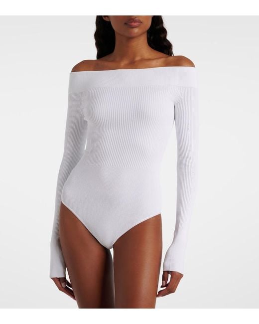 Alaïa White Ribbed-Knit Off-Shoulder Bodysuit