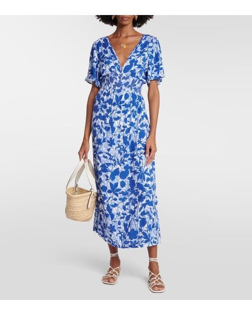 Heidi Klein Blue Tuscany Shirred Floral-print Mousseline Midi Dress