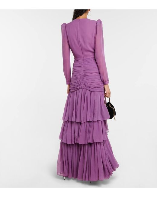 Costarellos Purple Mila Ruched Tiered Silk Chiffon Gown