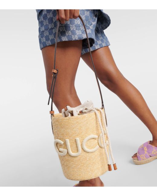 Gucci Natural Summer Small Leather-trimmed Bucket Bag