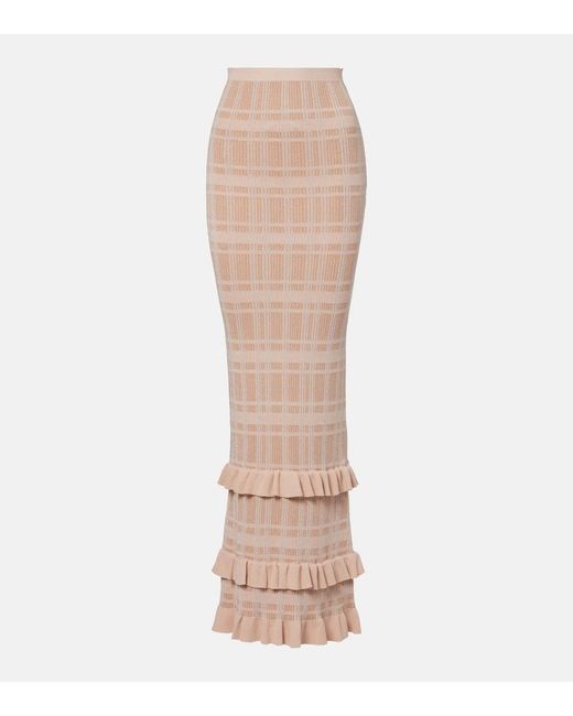Bananhot Natural Petra Checked Ribbed-Knit Ruffled Pencil Skirt
