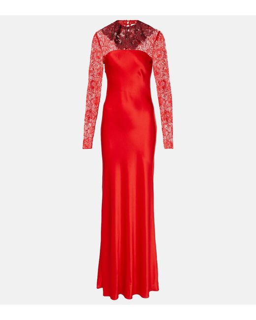 Rodarte Red Lace-Trimmed Silk-Blend Satin Gown