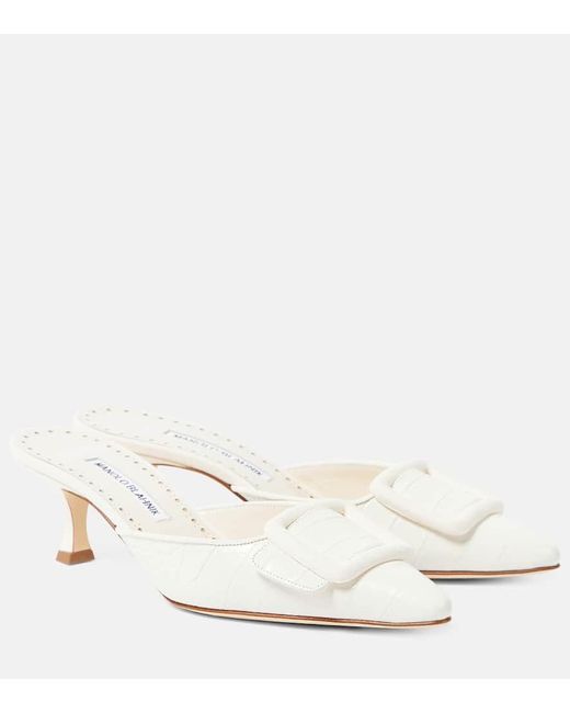 Manolo Blahnik White Maysalebi 50 Croc-Effect Leather Mules