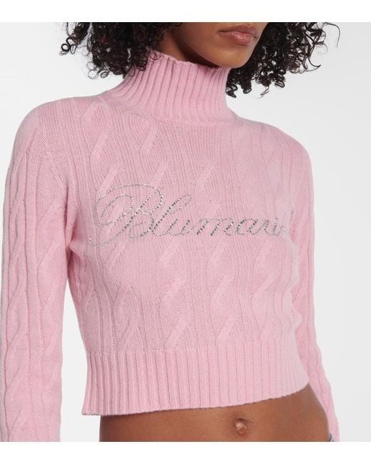 Blumarine Pink Logo Cropped Wool And Cashmere Sweater