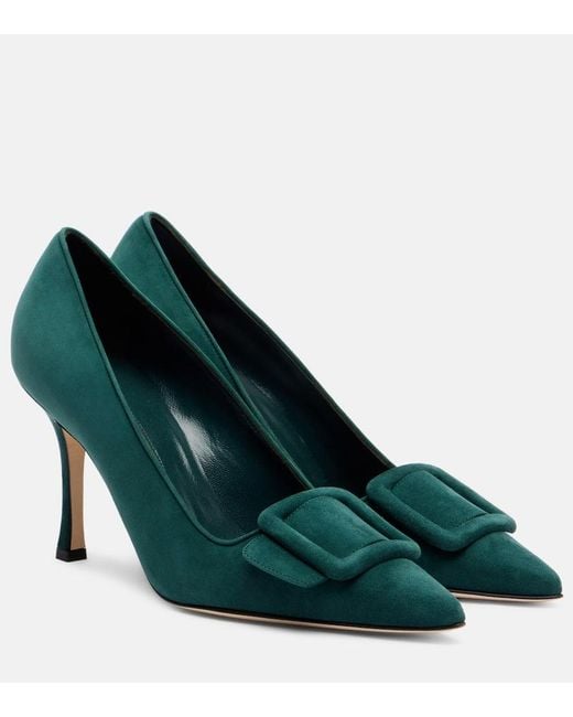 Manolo Blahnik Green Maysale 90 Suede Pumps