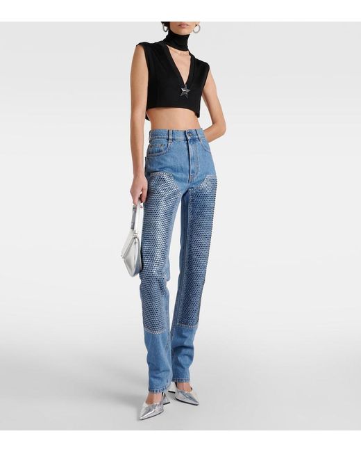 Area Blue Crystal Embellished High Waist Straight Leg Jeans