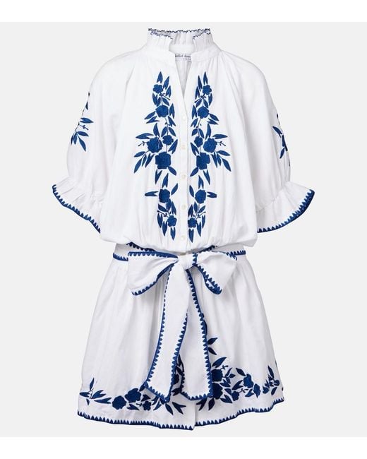 Juliet Dunn Blue Embroidered Cotton And Linen Minidress