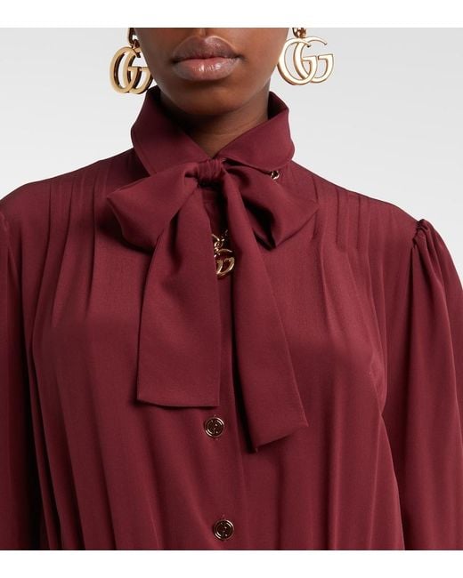 Gucci Red Pleated Silk Crepe De Chine Midi Dress
