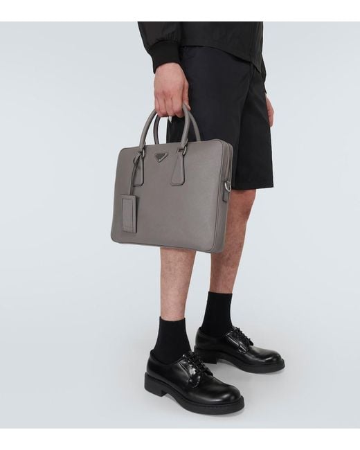 Prada Gray Saffiano Leather Briefcase for men