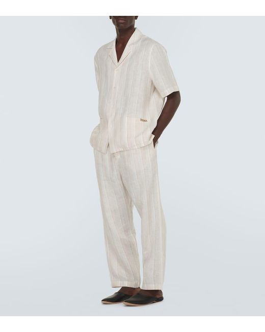 Zegna White Striped Linen Pajamas for men