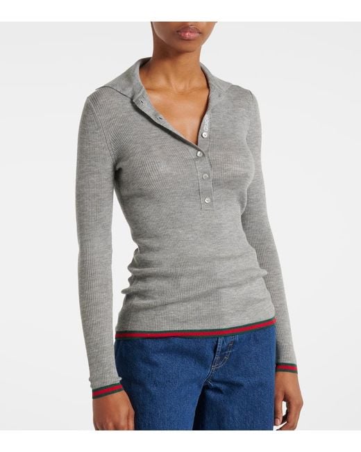 Gucci Gray Polopullover Web Stripe Aus Kaschmir Und Seide