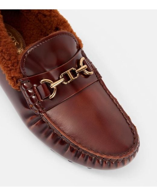 Tod's Brown Shearling-Trimmed Leather Loafers