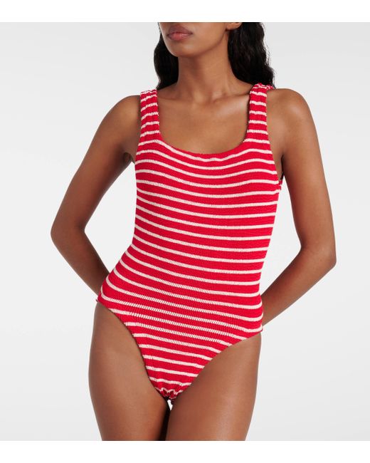 Hunza G Red Square Neck Striped Swimsuit