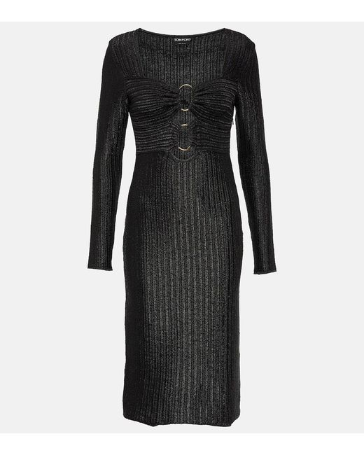 Tom Ford Black Metallic Cotton And Wool Midi Dress
