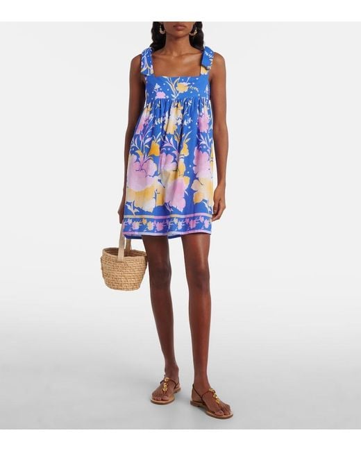 Juliet Dunn Blue Floral Cotton And Linen Minidress