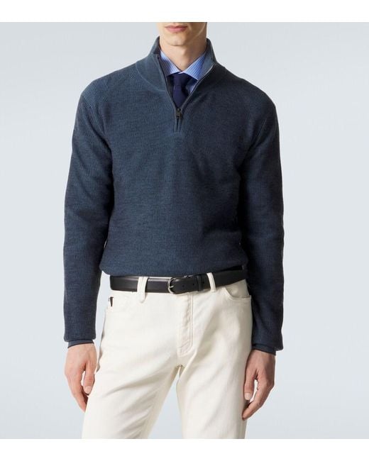 Brioni Blue Cashmere And Wool Half-Zip Sweater for men