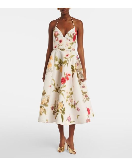Oscar de la Renta White Belted Floral Faille Cocktail Dress