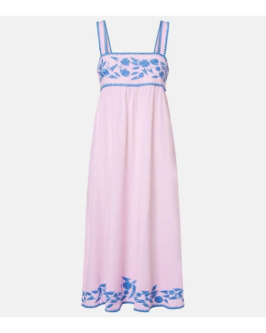 Juliet Dunn Pink Besticktes Midikleid Aus Baumwolle Und Leinen