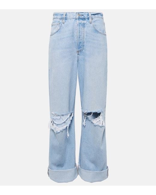 Citizens of Humanity Blue Distressed Mid-Rise Wide-Leg Jeans Ayla