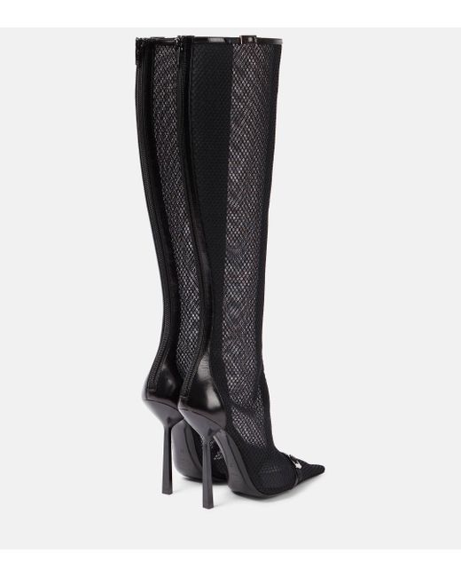 Saint Laurent Black Oxalis Buckle-embellished Leather-trimmed Mesh Knee Boots