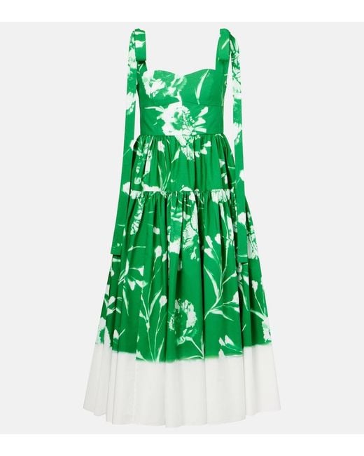 Erdem Green Floral Cotton Poplin Midi Dress