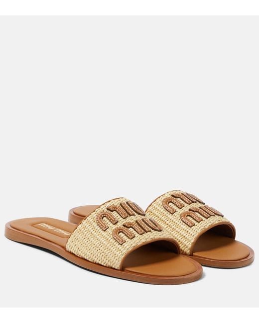 Miu Miu Canvas And Leather Logo Slides in Brown | Lyst