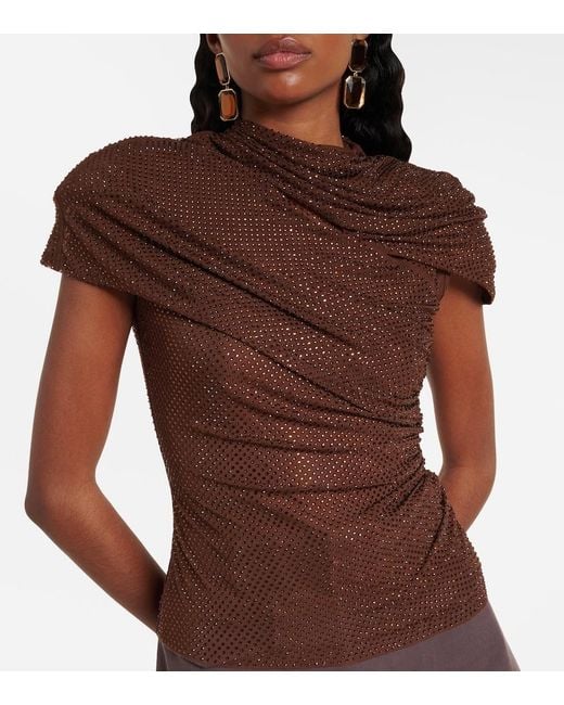Self-Portrait Brown Crystal-Embellished Draped Mesh Top