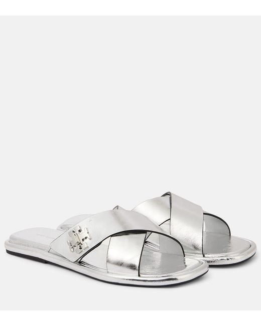 Tory Burch White Pantoletten T Lock Aus Metallic-Leder