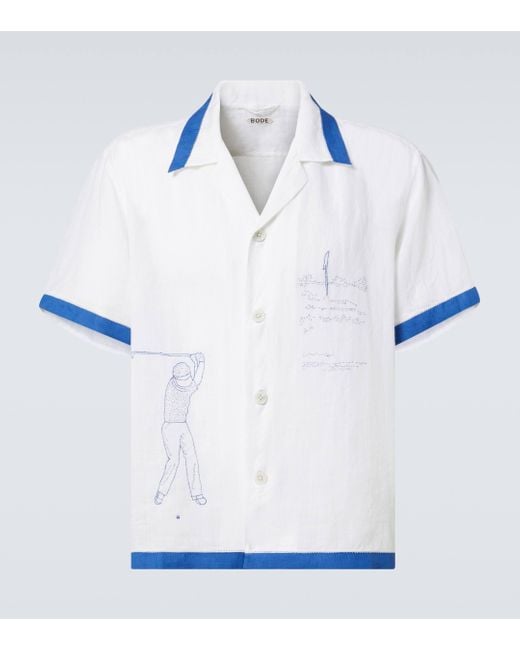 Bode Blue Club Champion Embroidered Linen Shirt for men