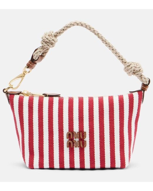 Miu Miu Red Striped Leather-Trimmed Top-Handle Bag