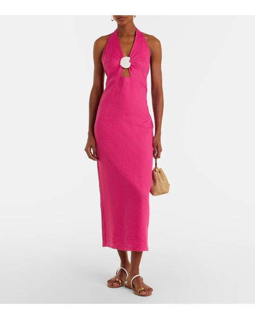 Cala De La Cruz Pink Orly Cutout Linen Midi Dress
