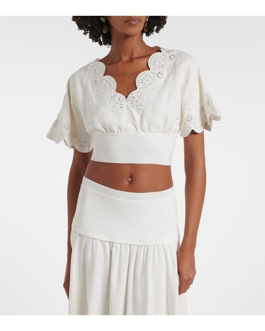 Jonathan Simkhai White Broderie Anglaise Linen-Blend Crop Top