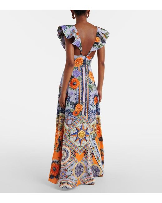 Camilla Blue Printed Linen And Silk Maxi Dress