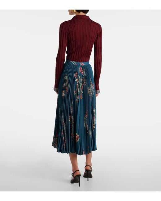 Etro Blue Plisse High-Rise Floral Midi Skirt