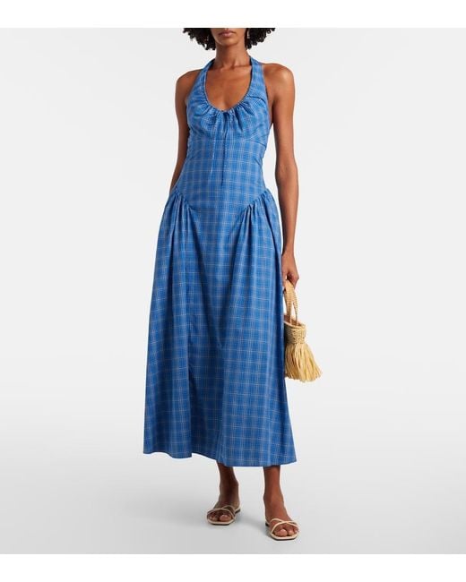Faithfull The Brand Blue Del Ros Plaid Halterneck Cotton Midi Dress
