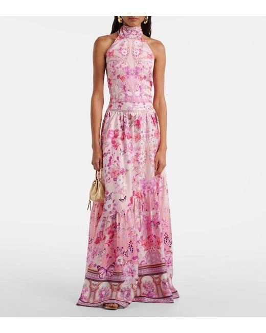 Camilla Pink Floral Embellished Silk Halterneck Top