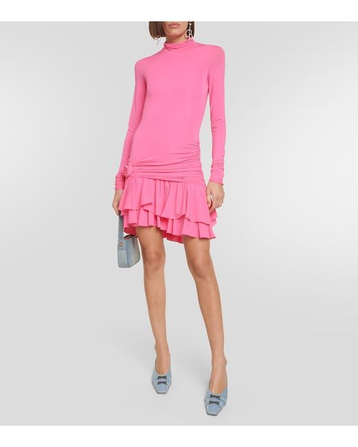 Blumarine Pink Floral-Applique Gathered Minidress