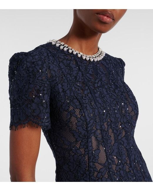 Self-Portrait Blue Embellished Lace Midi Dress