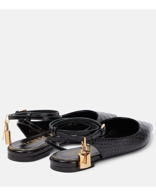 Tom Ford Black Padlock Snake-effect Leather Slingback Flats