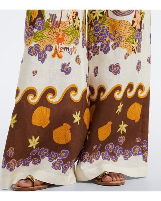 ALÉMAIS Metallic Island Cove Printed Linen Wide-Leg Pants