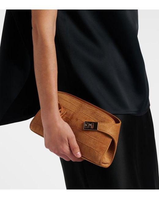 Ferragamo Brown Hug Mini Croc-Effect Suede Clutch