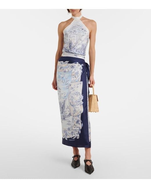 Ferragamo Blue Printed Silk Wrap Skirt