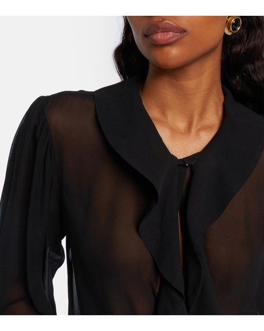 Nina Ricci Black Ruffled Sheer Silk Blouse