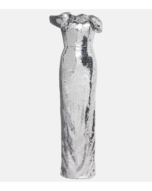Rachel Gilbert White Tamzin Sequined One-Shoulder Gown