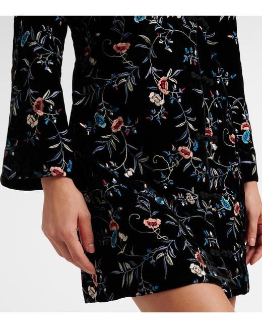 Rixo Black Delphina Embroidered Velvet Minidress