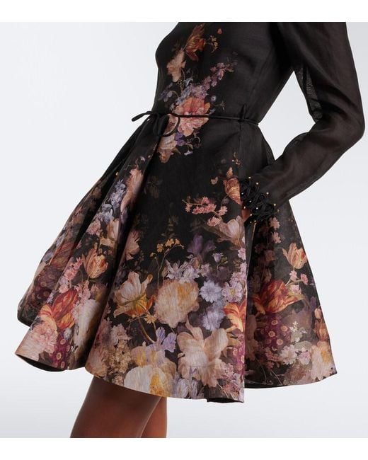 Zimmermann Black Valiant Floral Linen And Silk Minidress