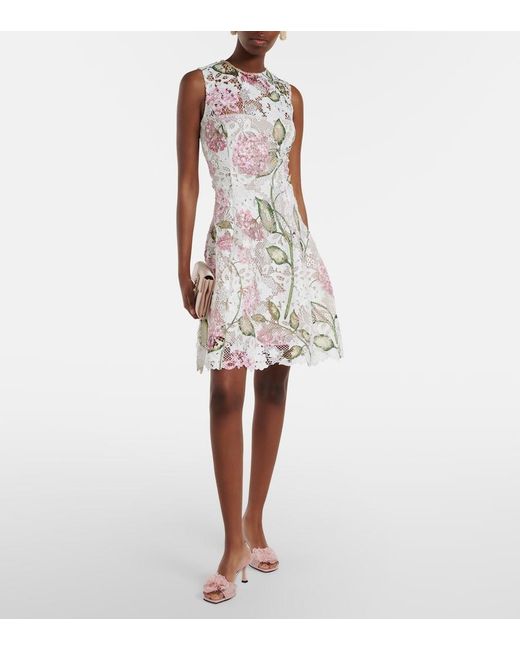 Oscar de la Renta White Floral Embroidered Lace Cocktail Dress
