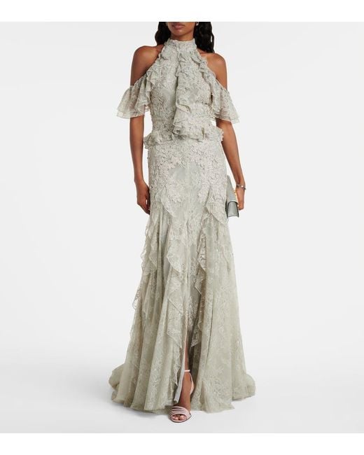 Costarellos White Rhodine Embellished Halterneck Lace Gown
